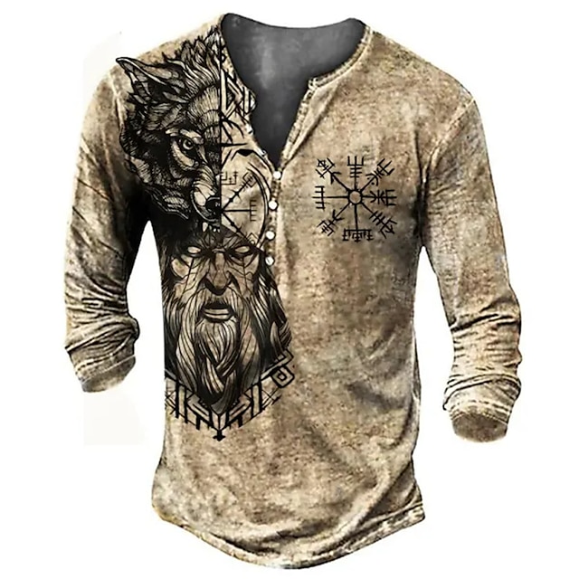 Graphic Viking Daily Casual Vintage Retro Men's 3D Print Henley Shirt Casual Holiday Going out T shirt Khaki Long Sleeve Henley Shirt Spring &  Fall Clothing Apparel S M L XL XXL 3XL 4XL