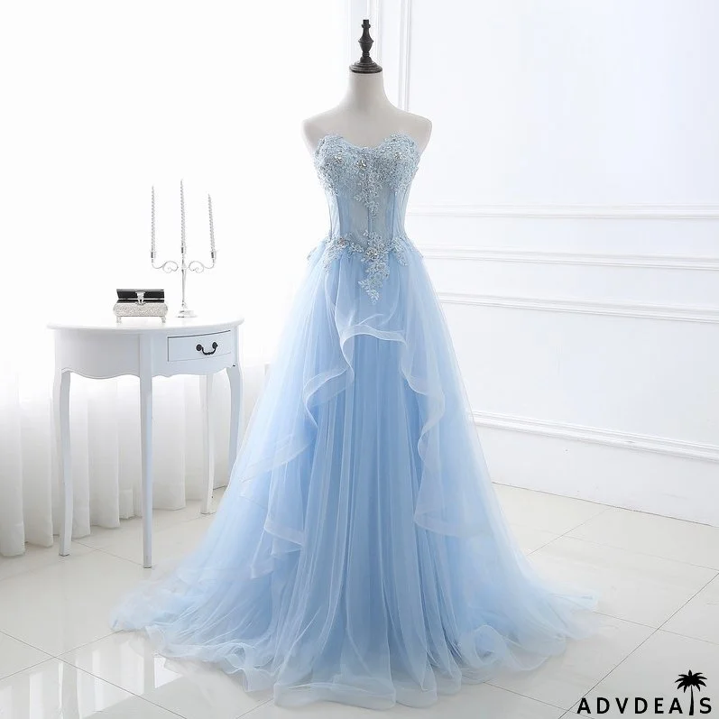 Women blue Strapless Lace-Up bridesmaid dress formal party evening dress(process time 3-6 days)