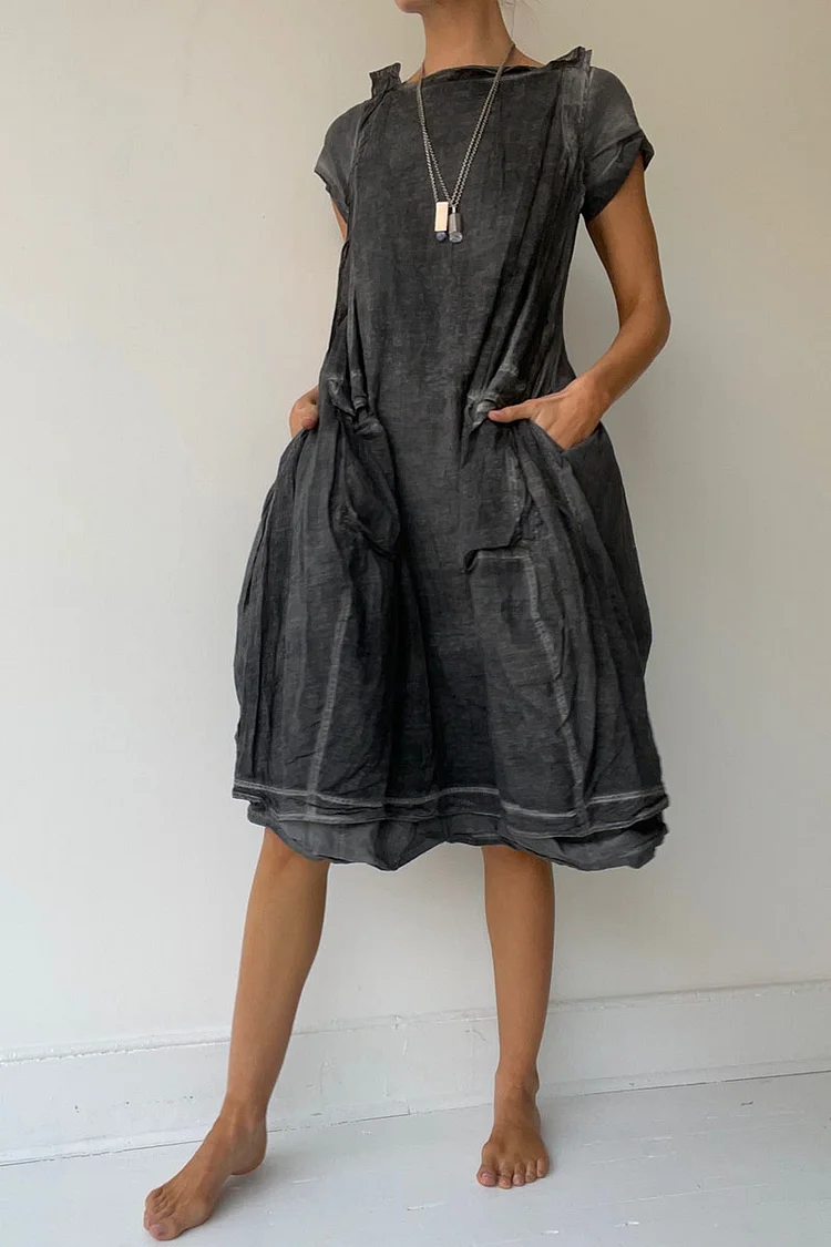 Short Sleeve Boat Neck Side Pocket Linen Casual Midi Dresses [Pre Order]