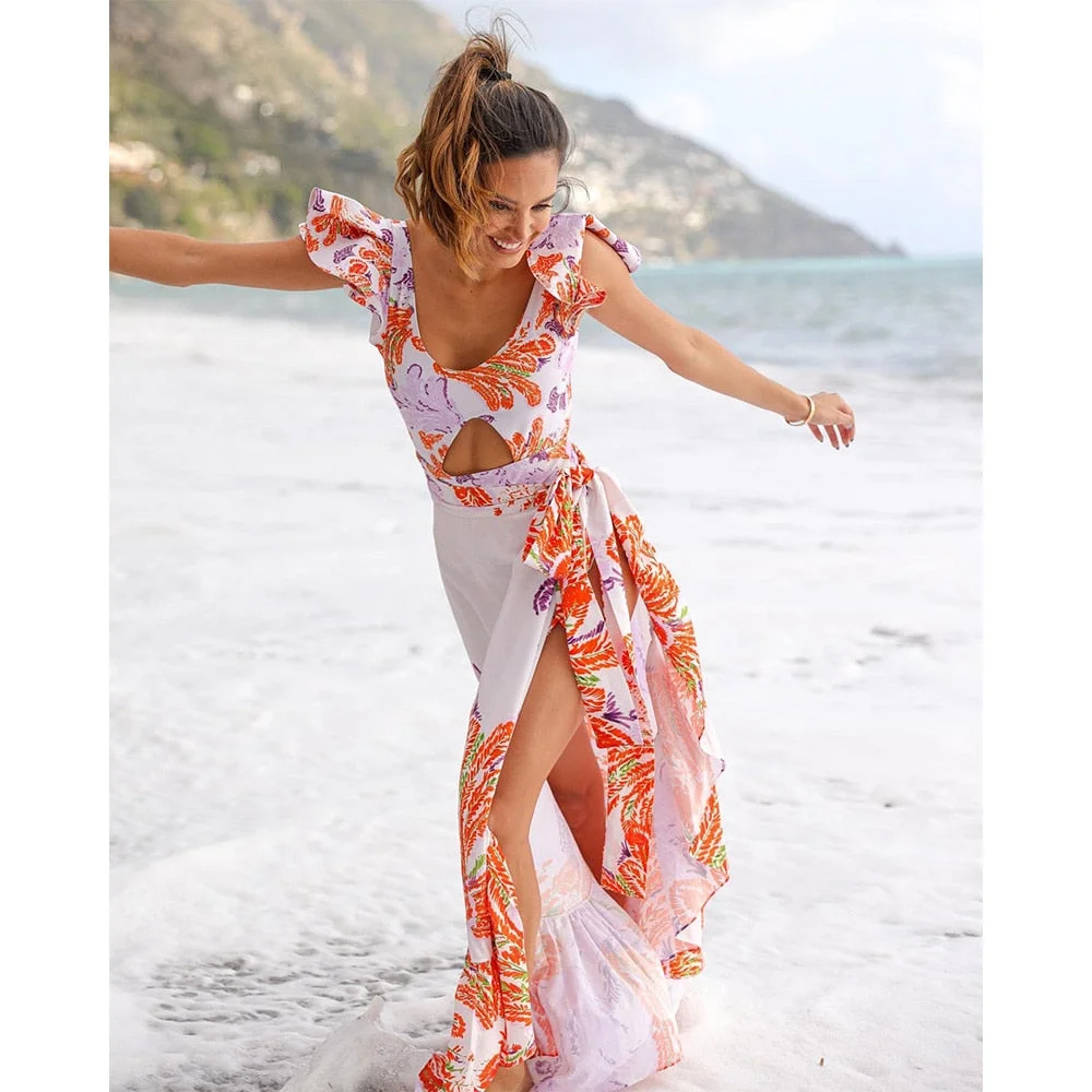 Leaves Print Swimsuit Beach Cover Up Tunics for Beach Long Kaftan Bikini Cover Up Robe De Plage Sarong Beach Swimsuit Cover-Ups