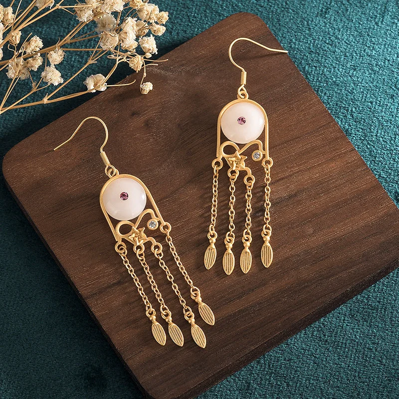 White Jade Ethnic Chinese Style Tassel Drop Dangle Earrings