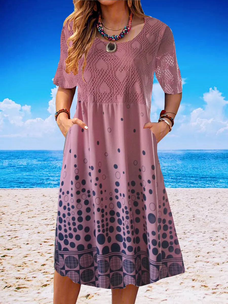 Women Casual Short Sleeve Scoop Neck Polka Dot Lace Midi Dress