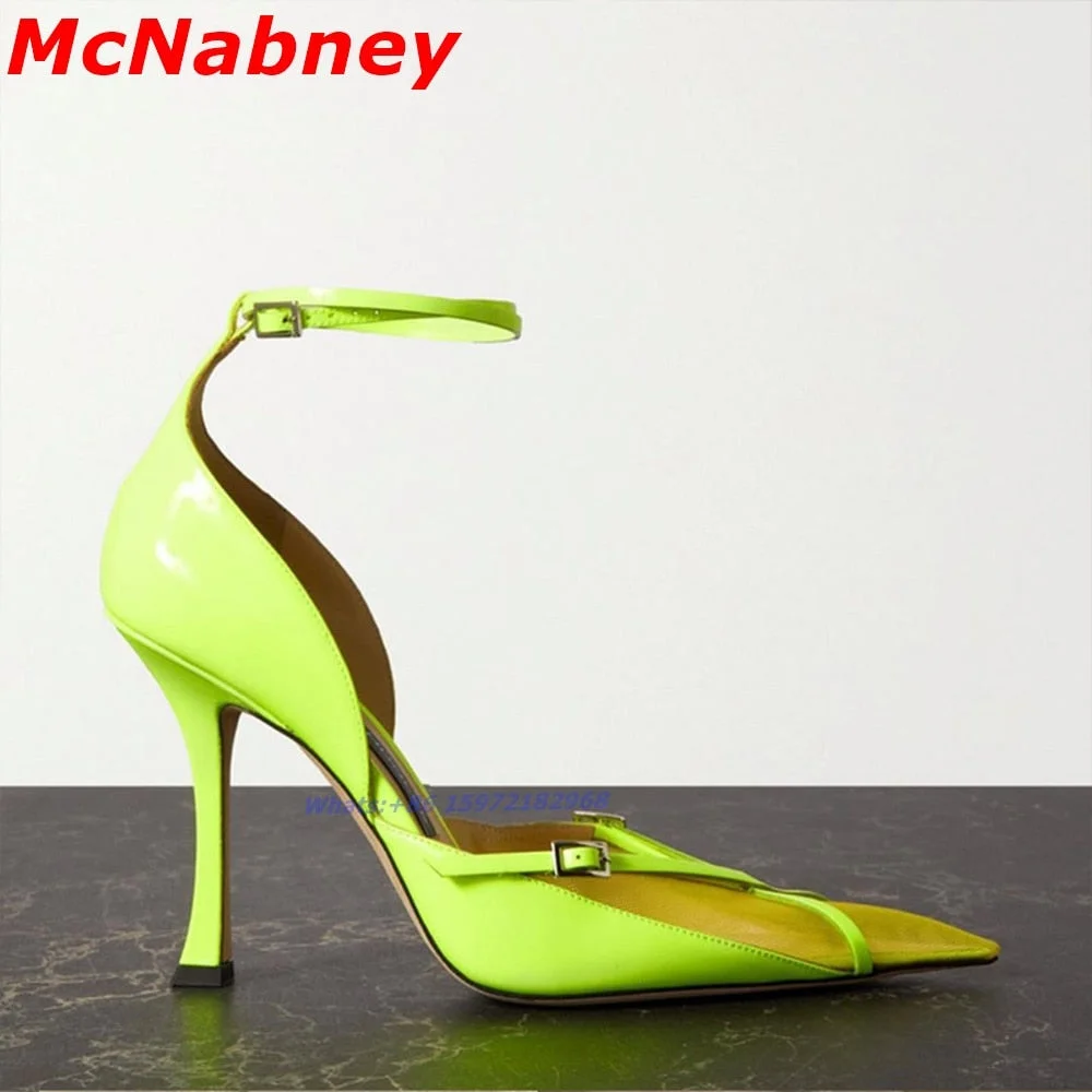 Sexy Mesh Pointy Toe Sandals Pumps Ankle Buckles Summer Women Shoes Stiletto Heel Shallow Solid Green Fashion Pumps Designer