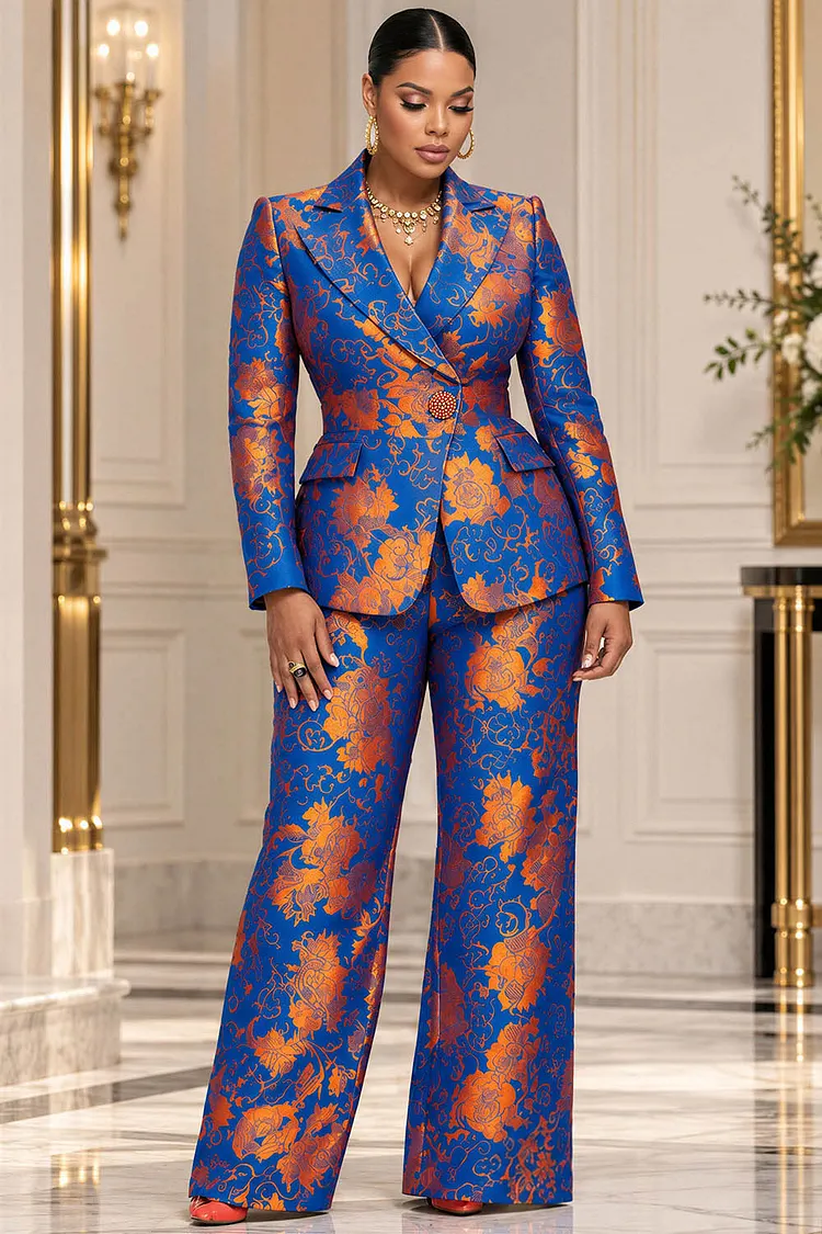 Xpluswear Design Plus Size Formal Royal Blue Graphic Lapel Collar Long Sleeve Satin Two Piece Pant Suits [Pre-Order] 2024 - Xpluswear