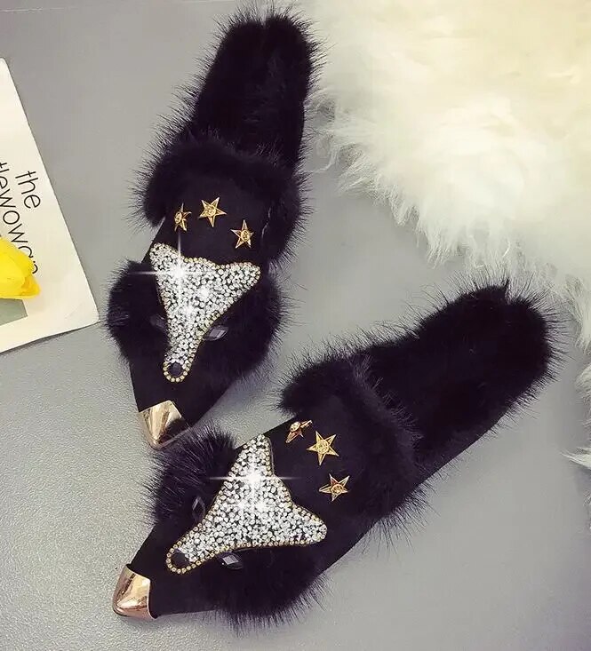 Crystal Fox Pattern Winter Flat Loafers Women Metal Pointed Toe Glitter Fur Moccasins Brand Design Ballet Flats Ladies Shoes