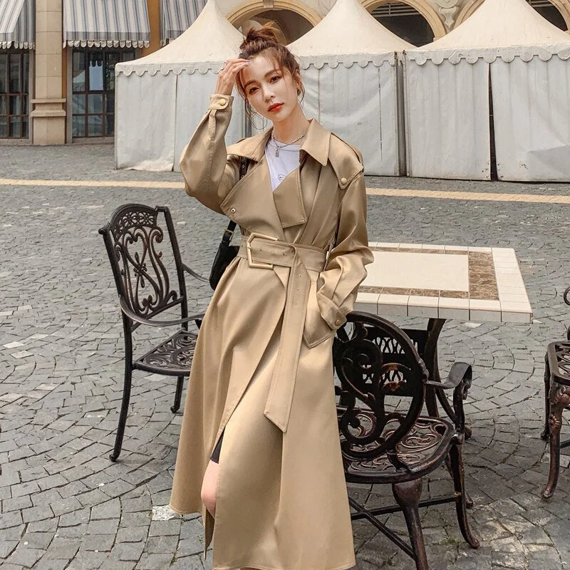 Brand New European Style Elegant Long Women Trench Coat with Belt Lady Duster Coat Female Outerwear Spring Autumn