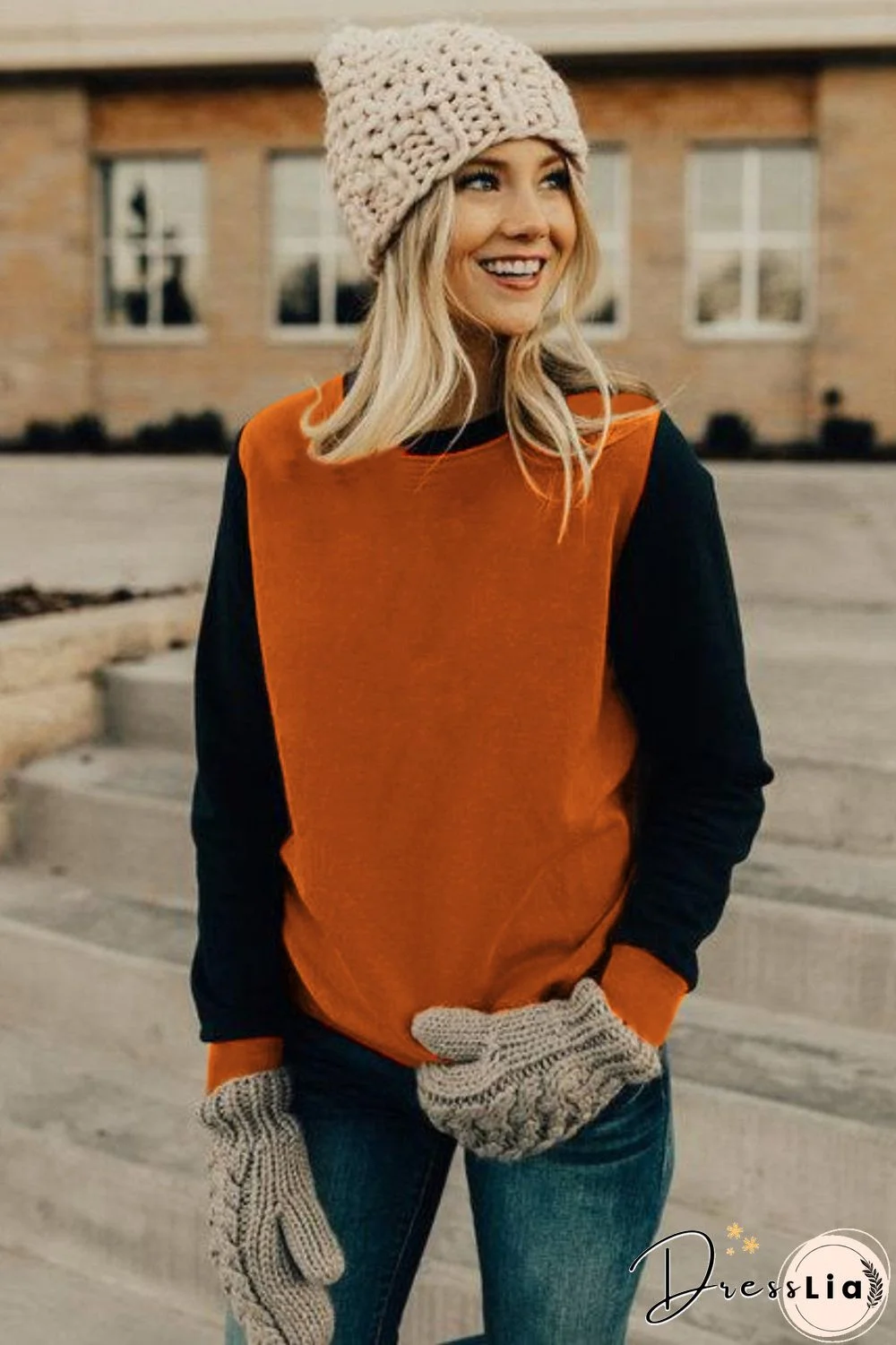 Red Long Sleeve Round Neck Stitching Top