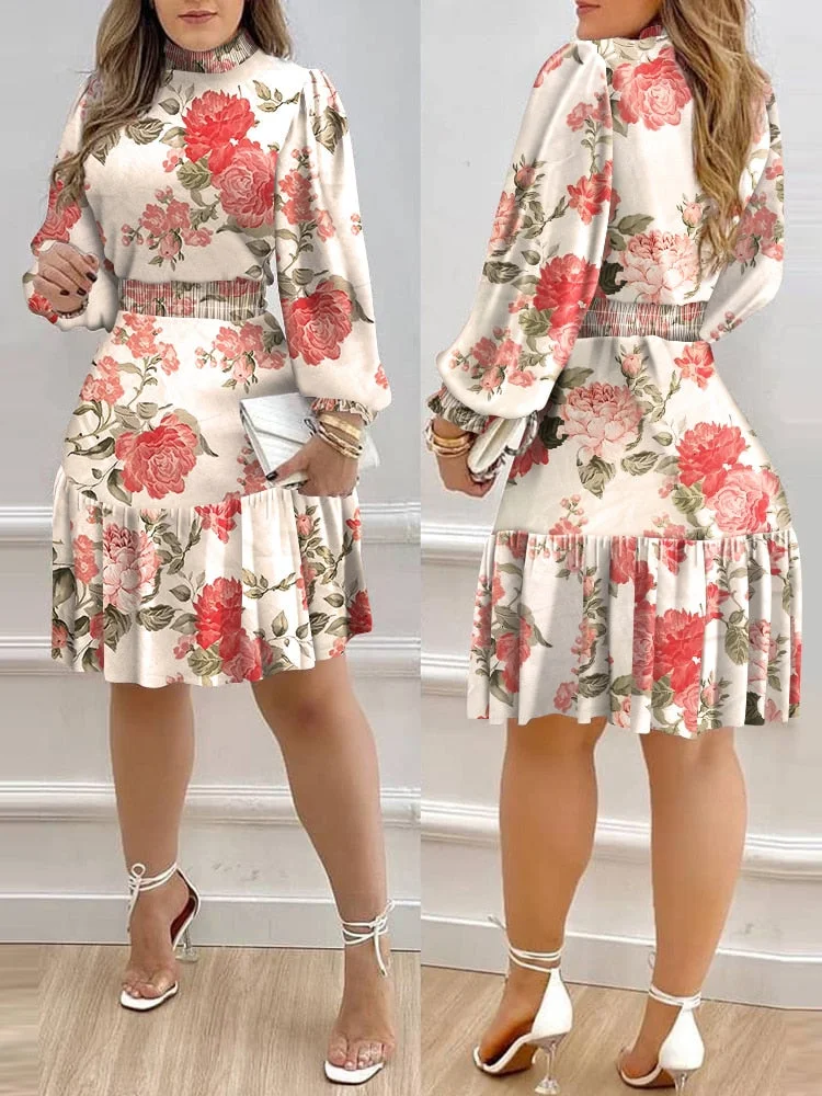 Autumn Women Floral Print Shirred Ruffle Dress 2022 Femme Casual Lantern Sleeve Corset Robe Office Lady Outfits traf Vestidos