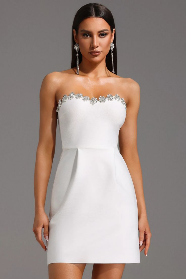 Miabel Stunning White Satin Sleeveless Strapless Short Homecoming Dress With Rhinestone     