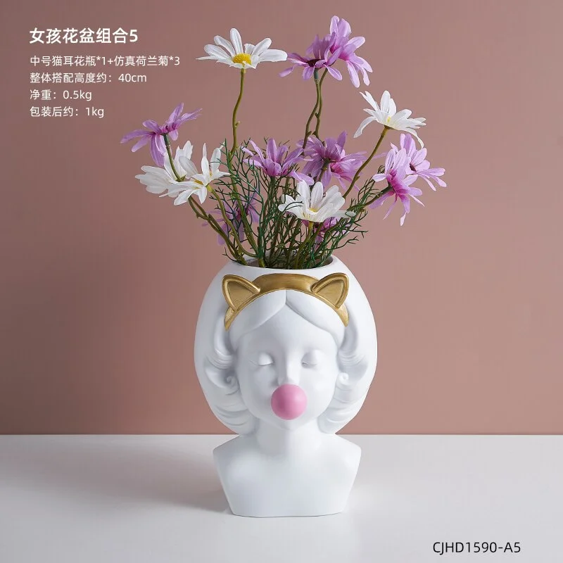 Nordic style girl flower pot plant resin flower pot rabbit ear/cat ear girl potted modern living room decoration decoration gift
