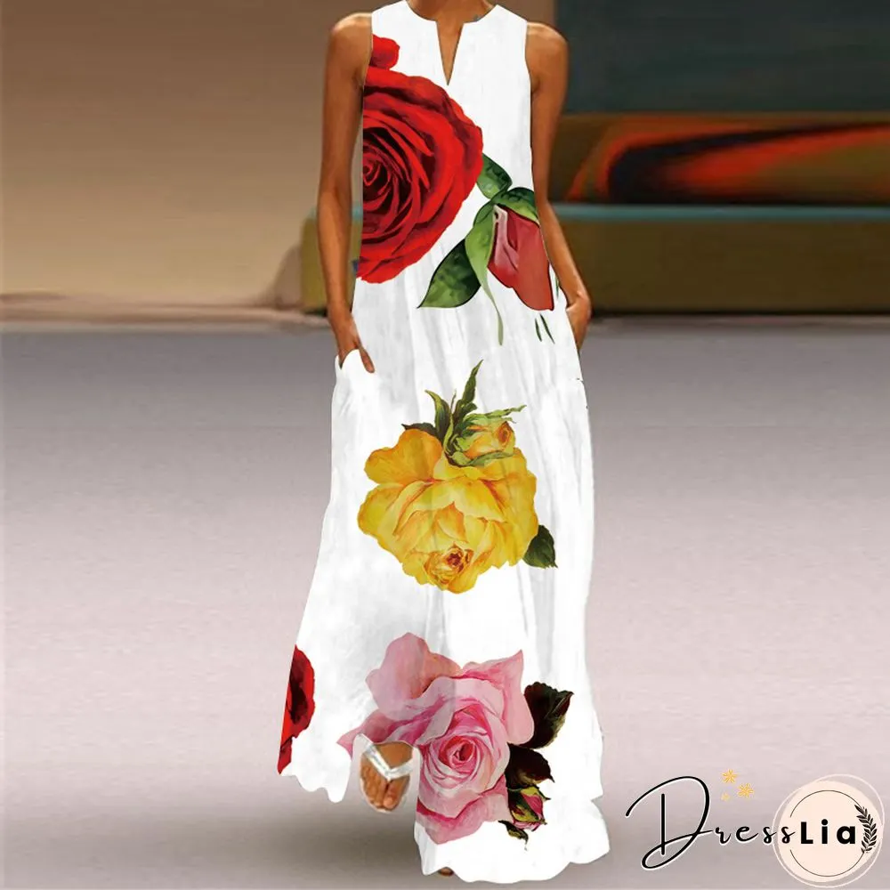 New Fashion Print Summer Dress Casual Sexy Boho Beach Women Party V-neck Sleeveless Pocket