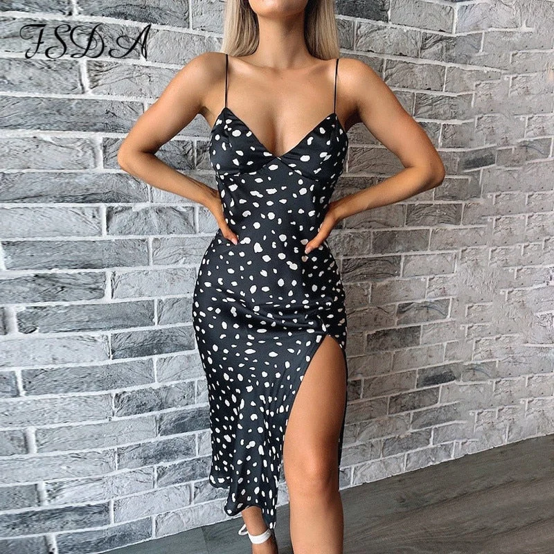 FSDA 2021 Print Spaghetti Strap Satin Dress Women Backless V Neck Summer Off Shoulder Black Split Midi Beach Sexy Party Dresses