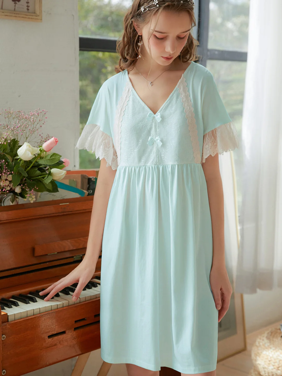 Knitted Cotton Medium Dress Loose Court Vintage Lace Princess One-piece Nightgown
