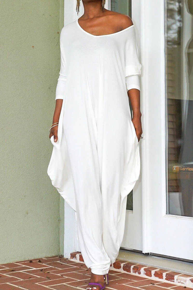 Casual Solid Patchwork Backless V Neck Loose Jumpsuits