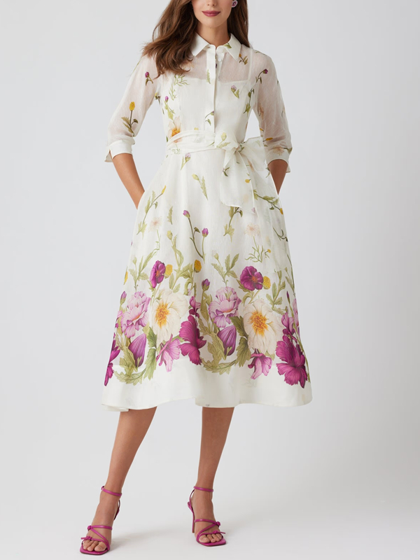 Silk-Linen Floral Border Print Shirtwaist Dress