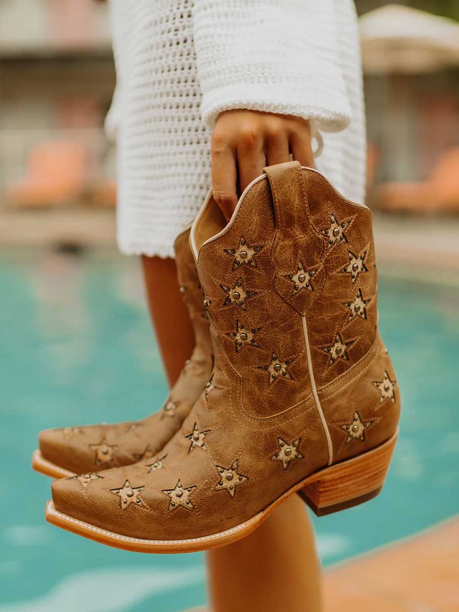 Vegan Leather Snip Toe Star Inlay Studded Ankle Boots in Brown
