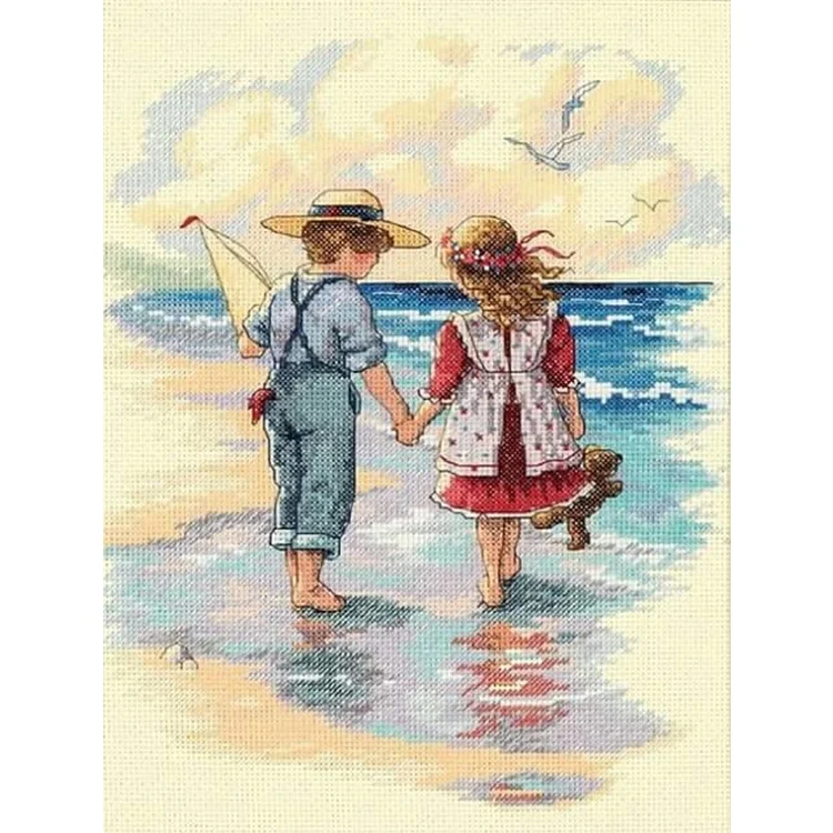 『DIY』Seaside Boy and Girl - 11CT Stamped Cross Stitch(40*50cm)