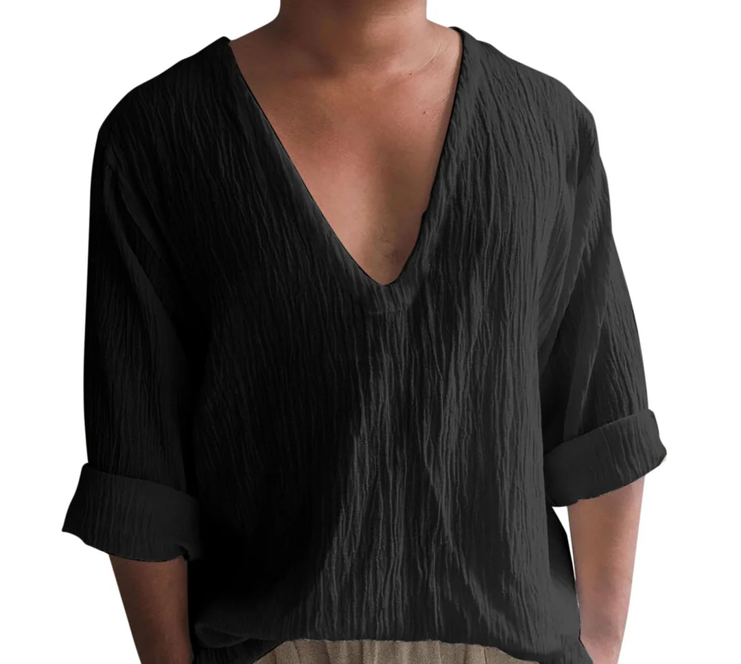 Linen Style V-neck Beach Long-sleeved Shirt