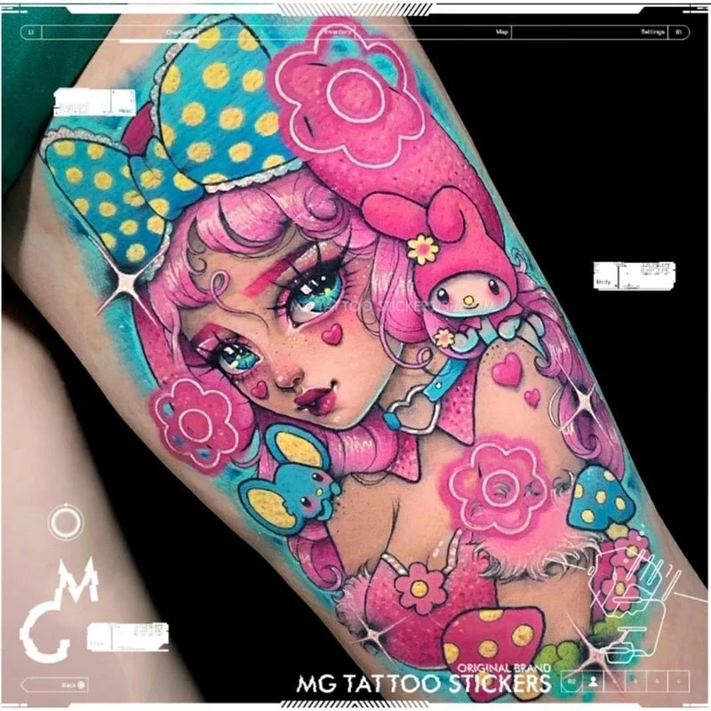 Gothic Bear Temporary Watercolor Tattoo Stickers Female Waterproof Cartoon Cute Horror Art Fake Tattoo Flower Arm Tattoo Sticker