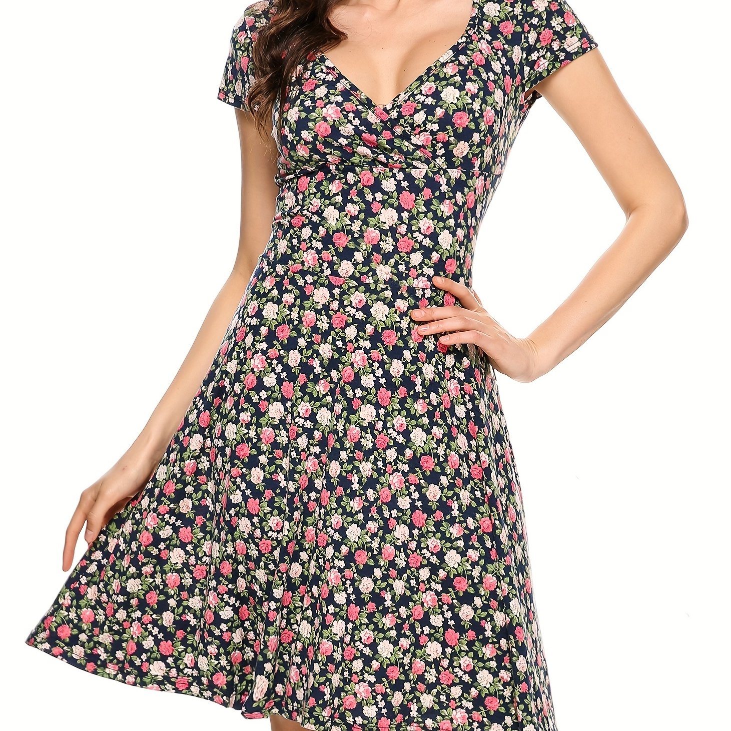 Floral Print V Neck Dress, Casual Short Sleeve Dress For Spring & Summer, Women's Clothing