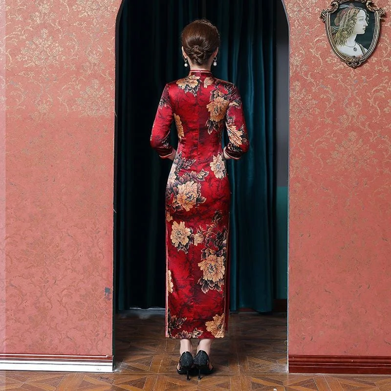 19 mome mulberry silk, floral pattern high end long Qipao