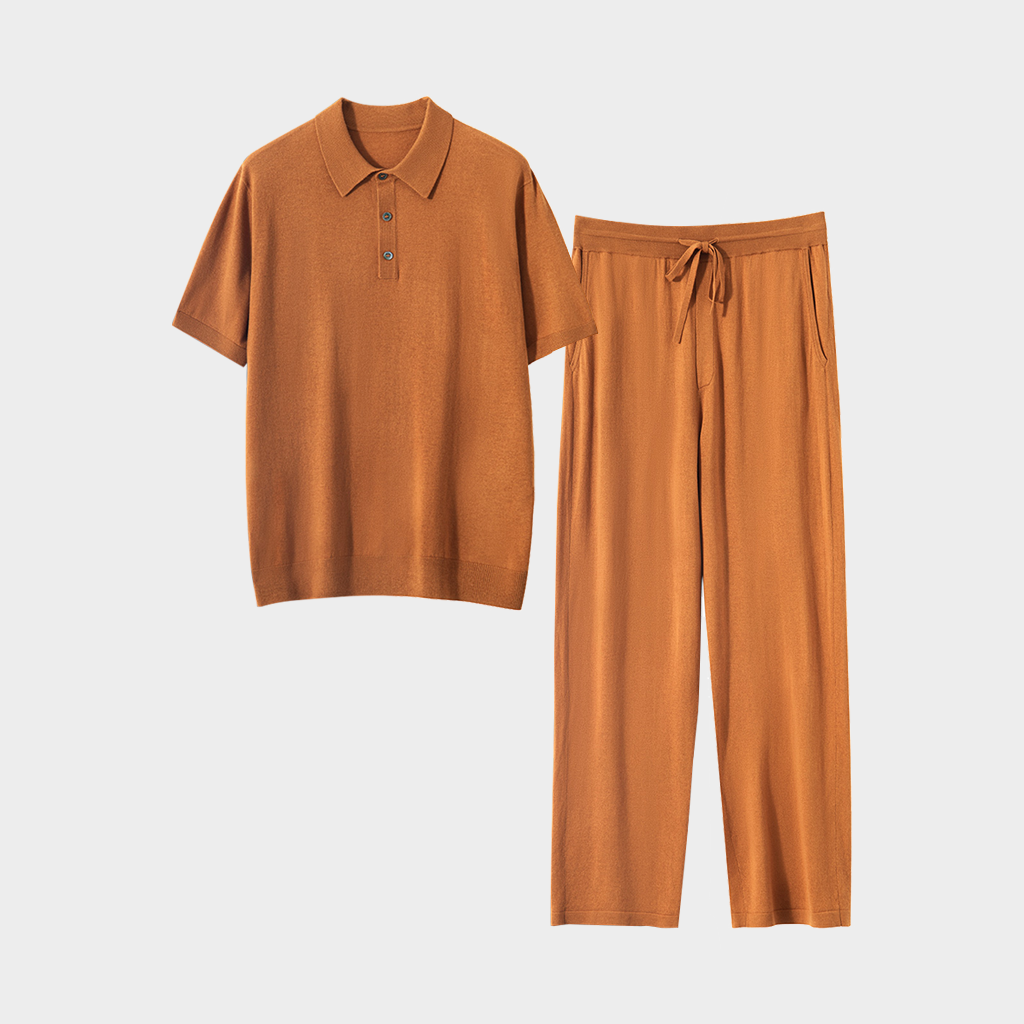 Men's Caramel Cashmere Knitted Polo Shirt and Pants Set | Casual Outfit REAL SILK LIFE