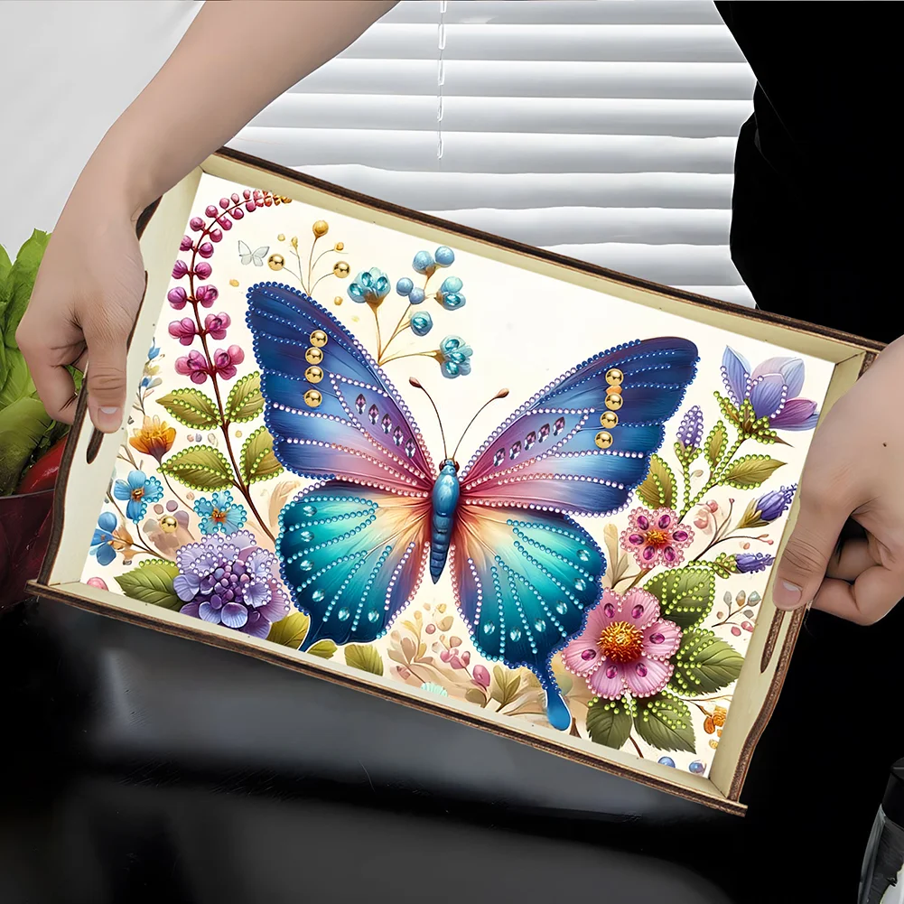 DIY Diamond Painted Dining Plate with Handle Wooden Food Tray Home Decor Gift