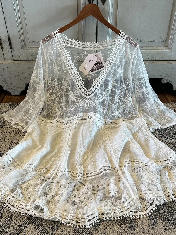 Boho Floral Lace V Neck Flowy Tunic