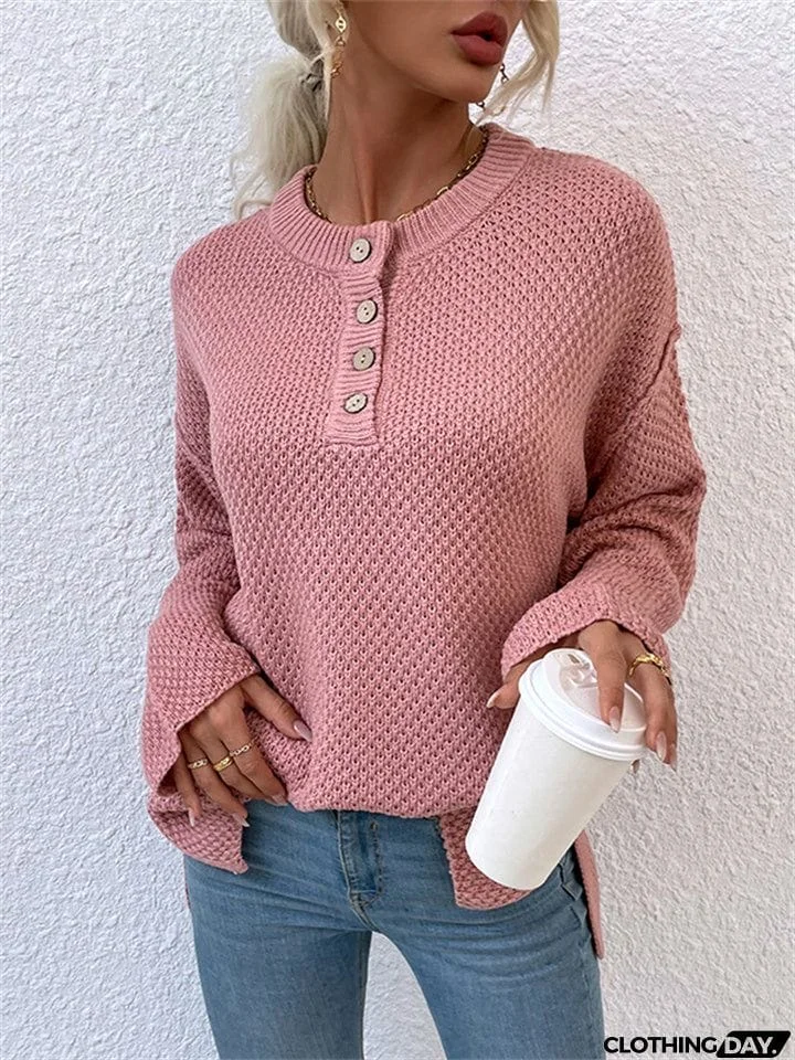 Casual Solid Color Sweater with Round Neck and Buttons