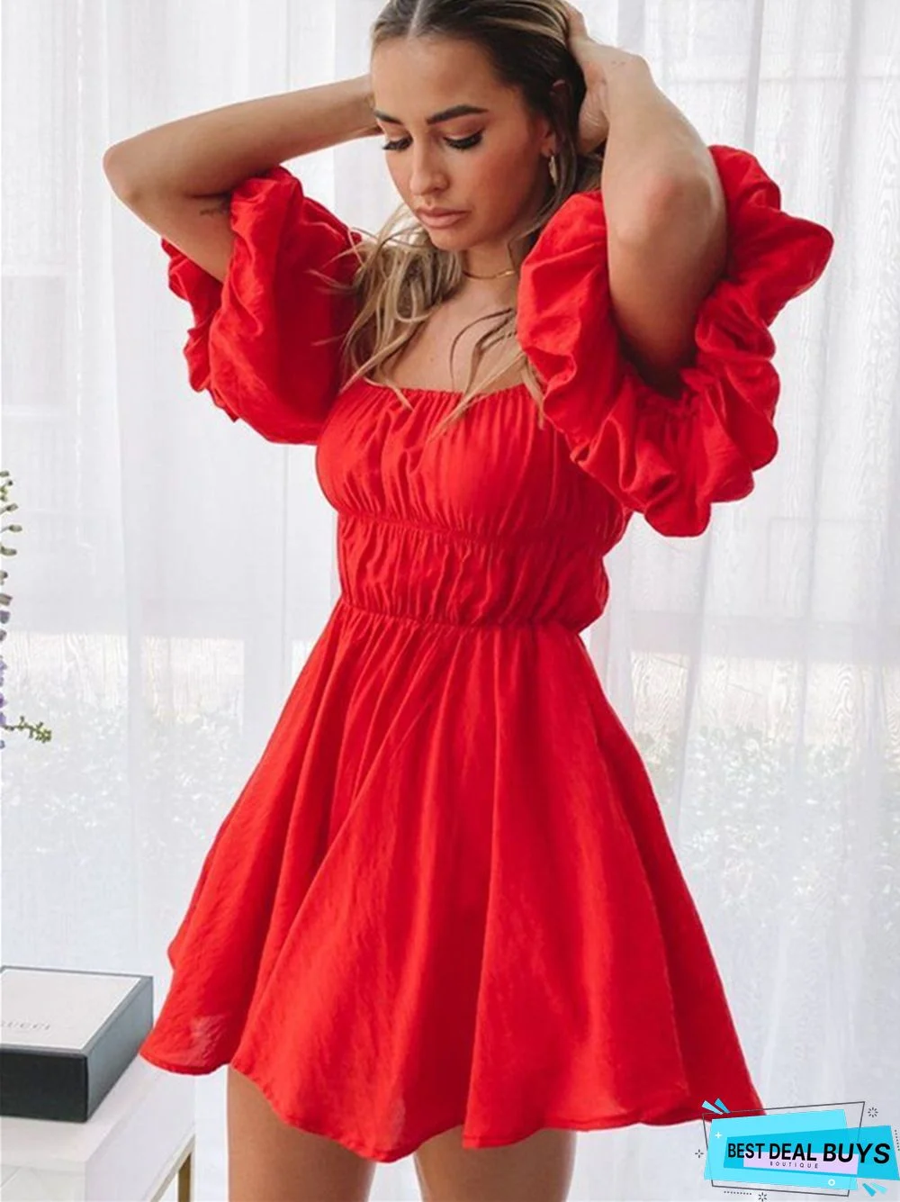 Sexy One-neck Off-the-shoulder Bubble Sleeve Elastic Waist Clear Big Swing Dress
