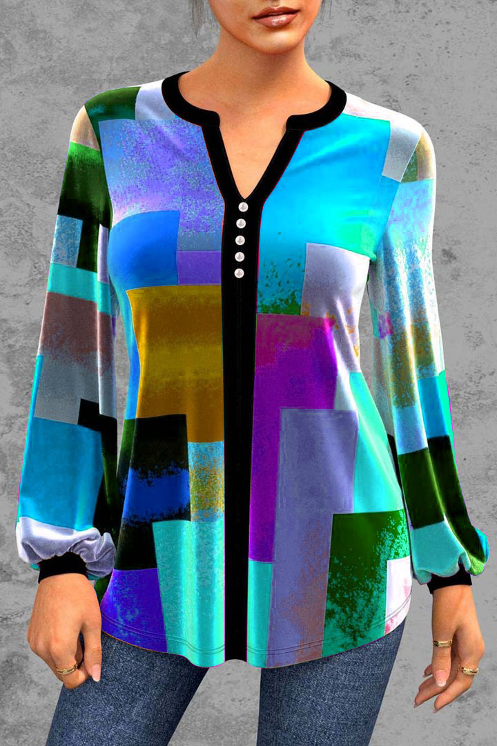 Plus Size Decorative Button Geometric Print Split Neck Blouse