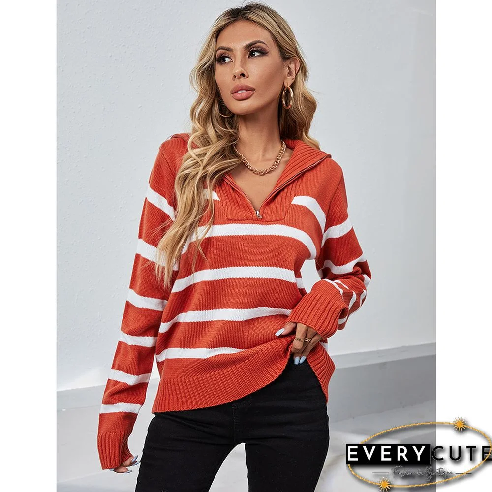 Rust Red Zip-up Stripe Print Knit Pullover Sweater