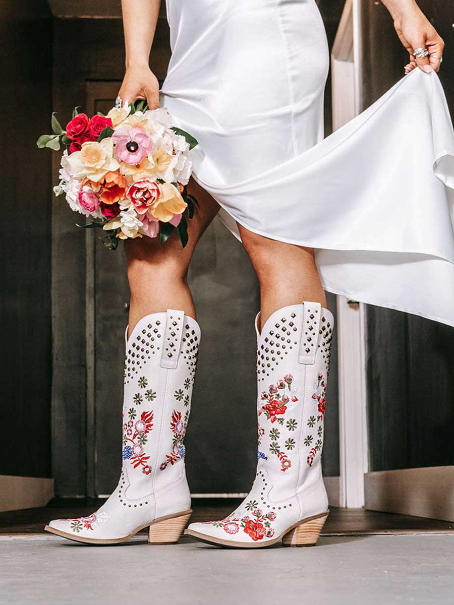 White Flower Embroidered Knee Cowgirl Boots with Studded Accents