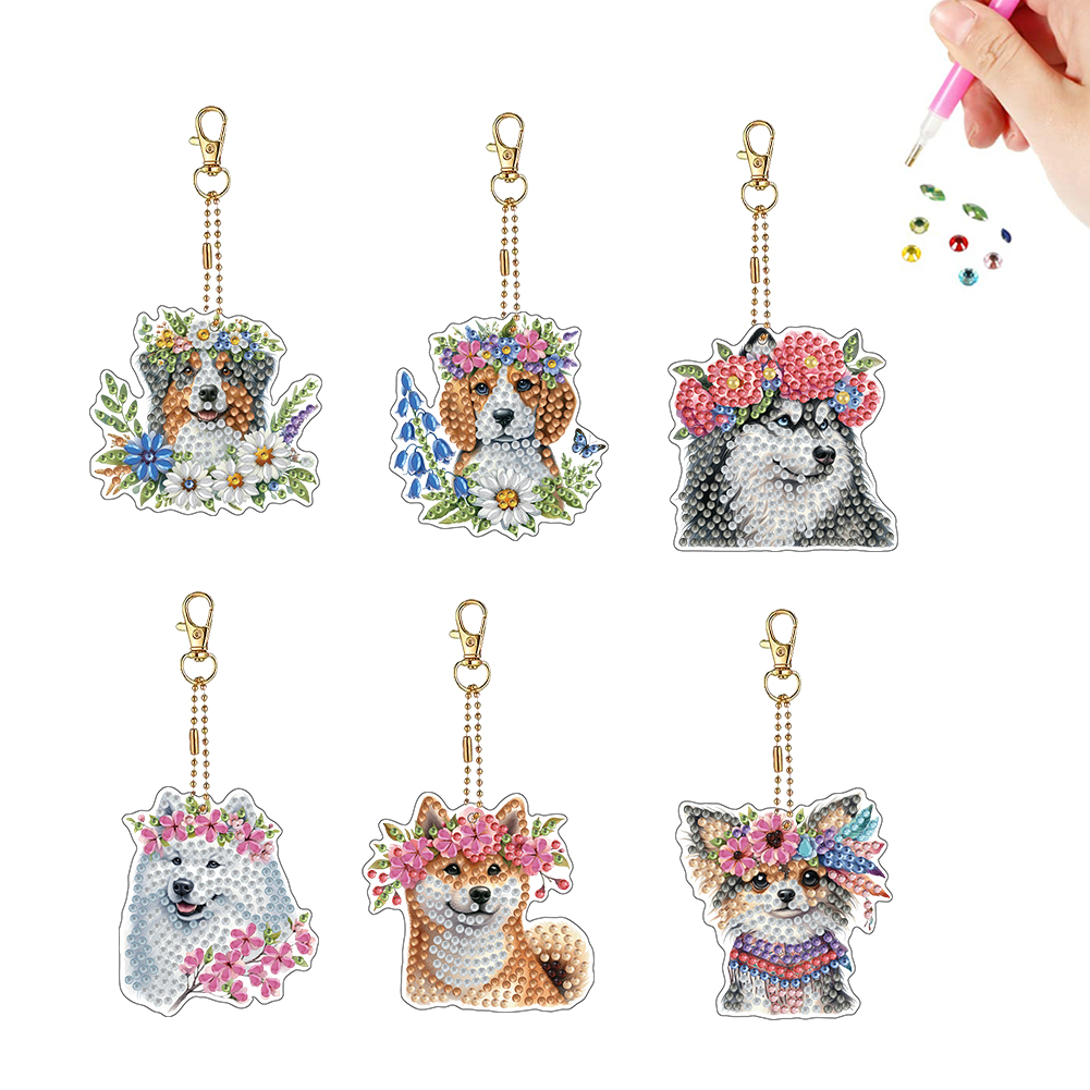 6Pcs Double Sided Special Shaped Dog DIY Diamond Painting Keychain for Adults