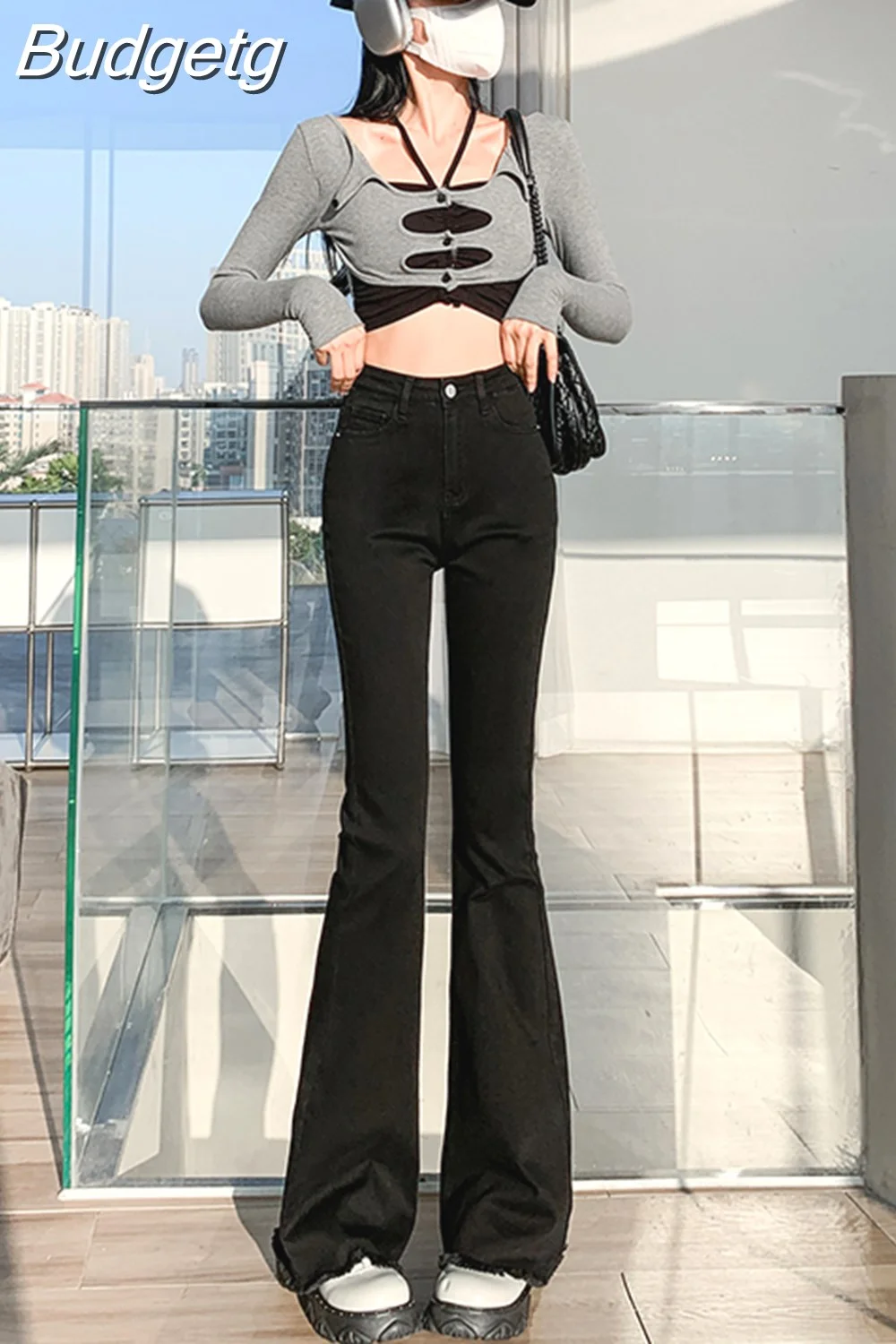 Budgetg 2023 Women Jean Flare Pants Korean Fashion Plus Slim High Waist Bell Bottoms Pants High Strecth Trousers For Female Grey