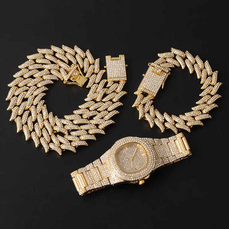 16MM 3pcs Watch+Bracelet+Thorns Cuban Link Chain Necklace Jewelry Set-VESSFUL