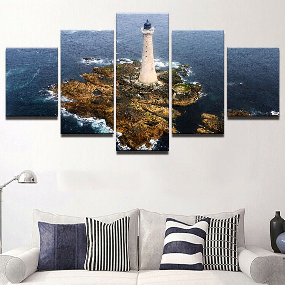 Sunset Island Sea Lighthouse Seascape Canvas Prints Painting Wall Art Decor HD Print Pictures Room Decor Paintings 5 Panel