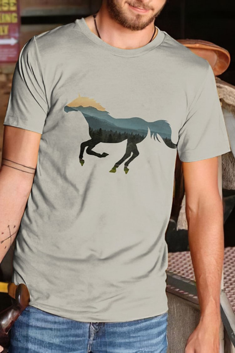 Tiboyz Crew Neck Western Forest Horse Print T-Shirt