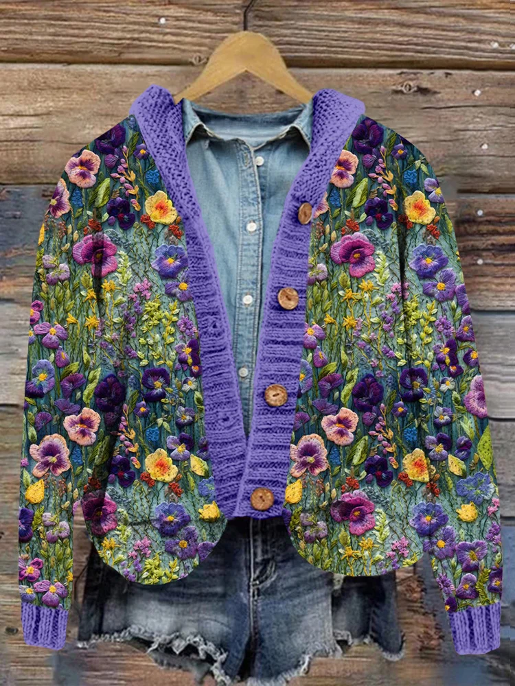 Violet Wildflower Embroidery Art Cozy Hooded Knit Cardigan