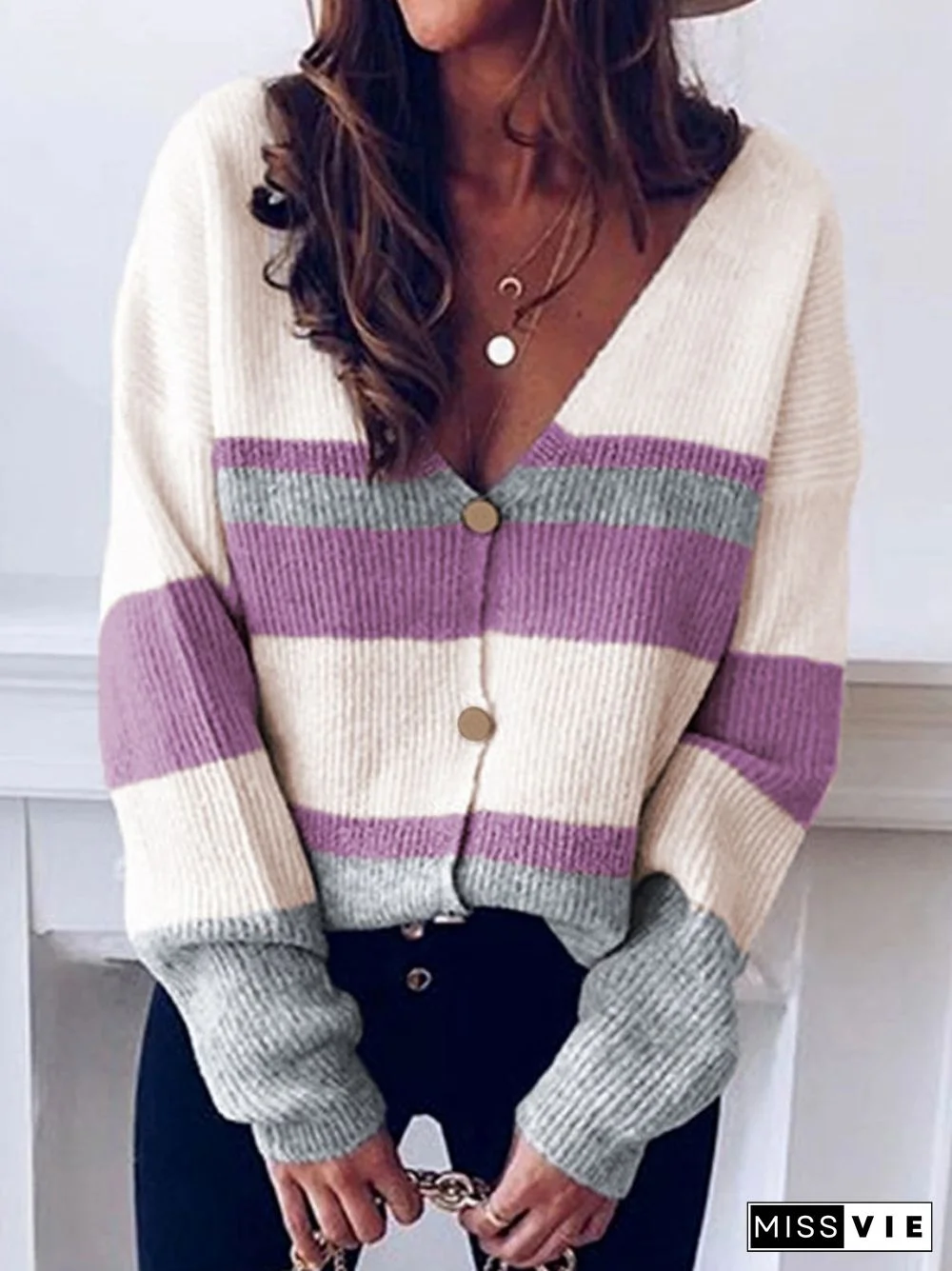 Autumn Winter Neck Knitted Cardigan Fashion Commuter Style Ladies Loose Button Stripe Long Sleeve Thick Short Coat Sweater