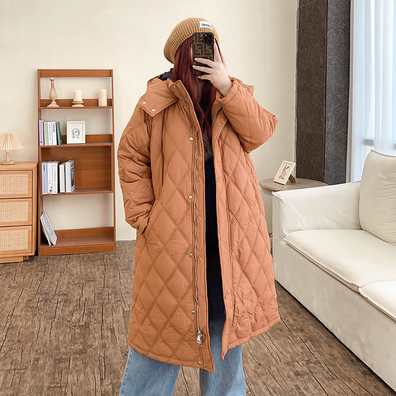 Diamond-Quilted Hooded Cotton Coat | Plus-Size Winter Warmth Long Jacket