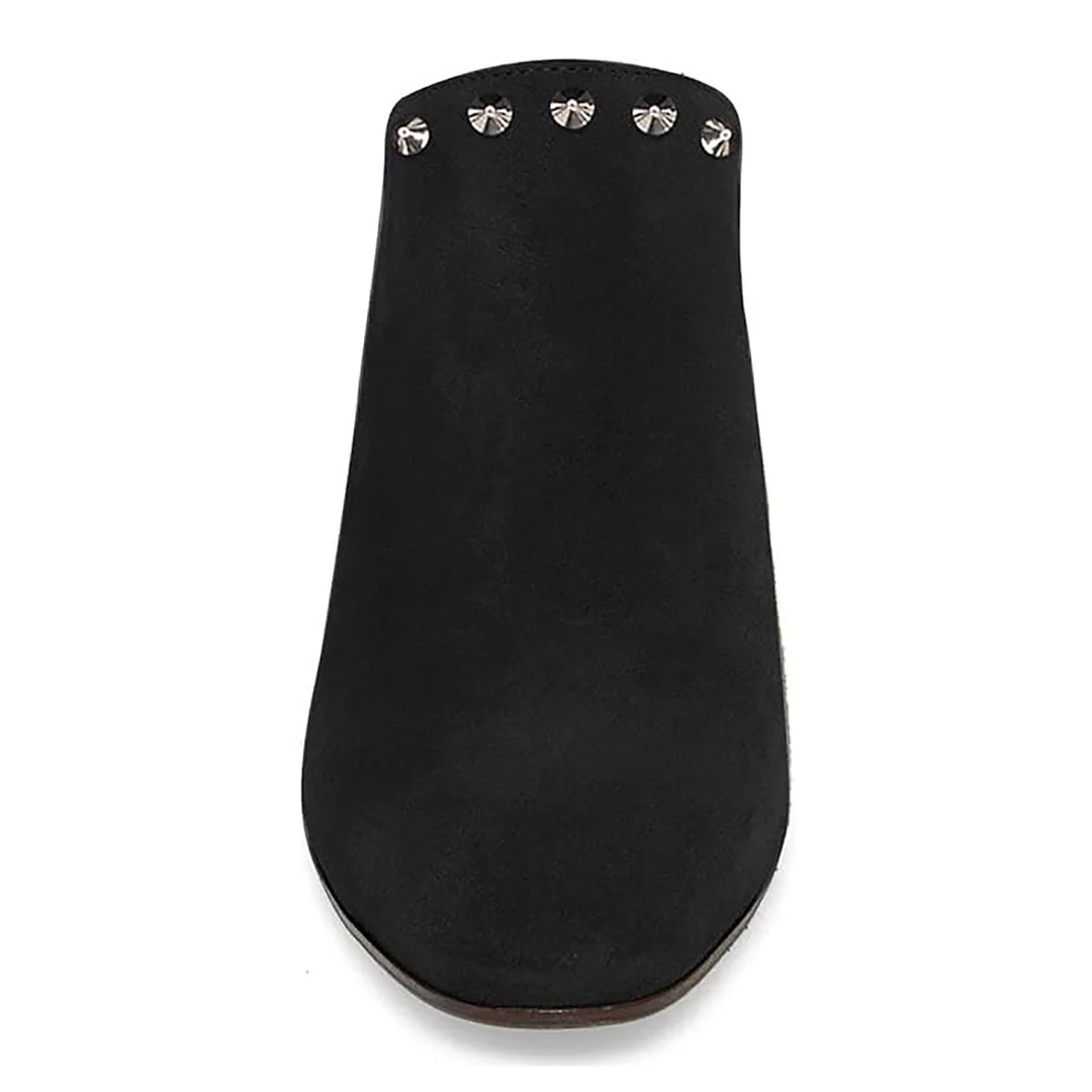 Black Studded Block Heel Mule Shoes for Women with Round Toe
