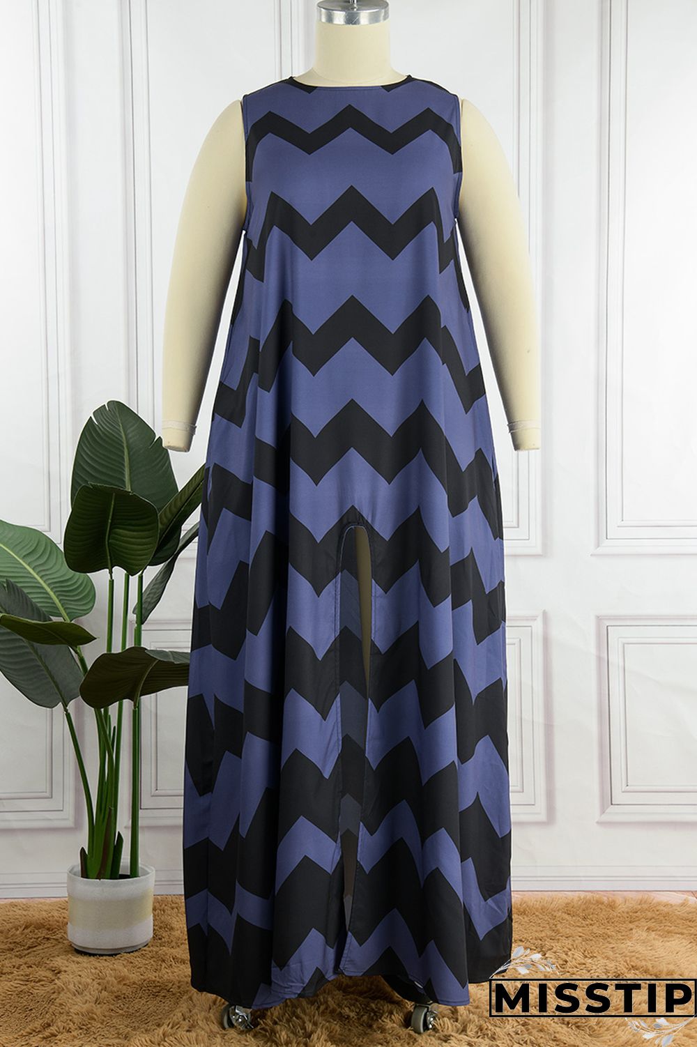 Gray Blue Daily Party Print Slit O Neck A Line Dresses