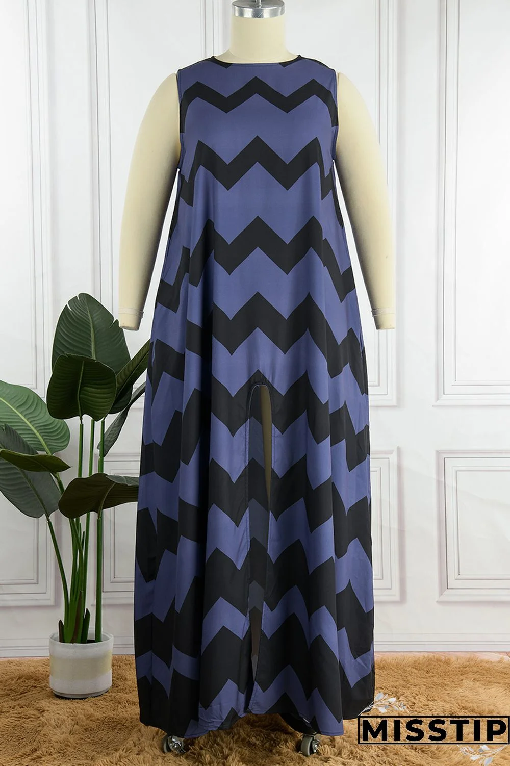 Gray Blue Daily Party Print Slit O Neck A Line Dresses