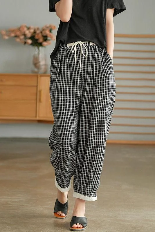 Cotton Linen Plaid Cinched Pocket Casual Pants