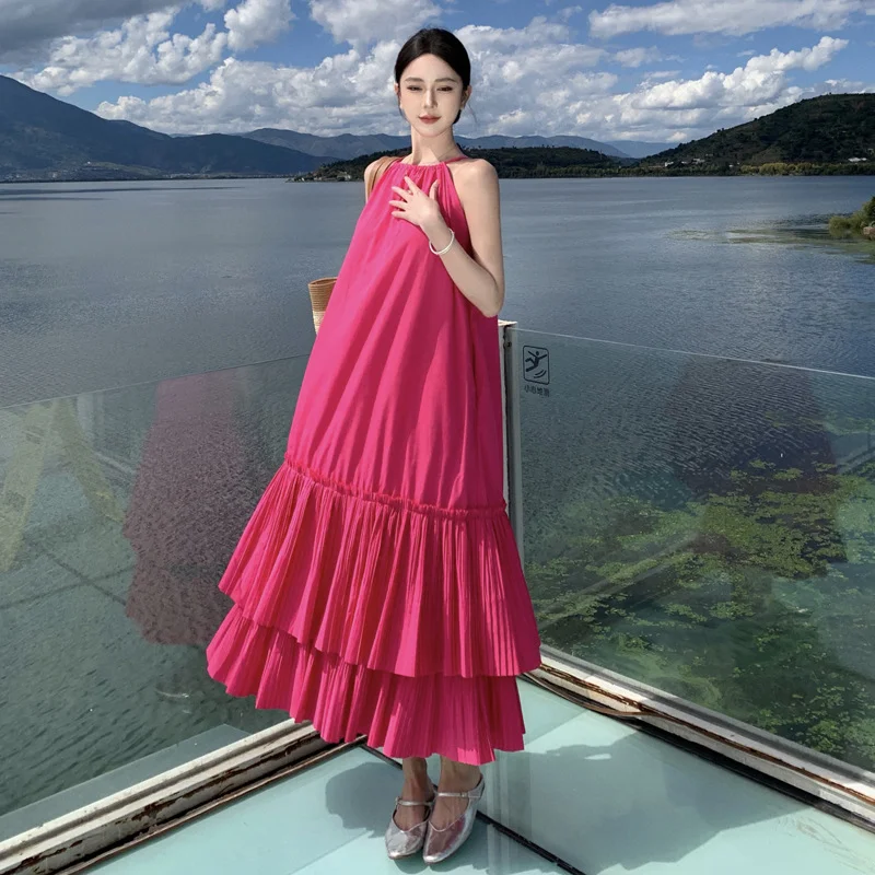 Churchf Churchf Summer New Women's French Design Sense Pure To Fold Layer Hollow Seaside Beach Holiday Dress