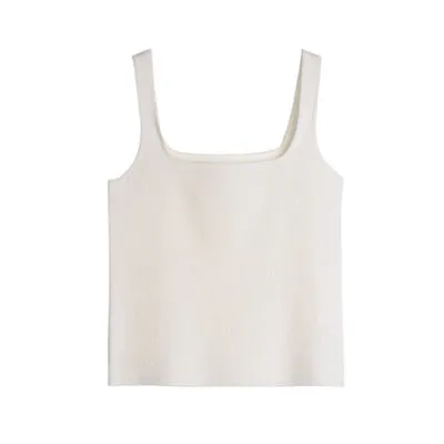 high quality chic basic U-NECK Summer white knit Women tank top sexy sleeveless t-shirt  vintage top casual crop top t shirt