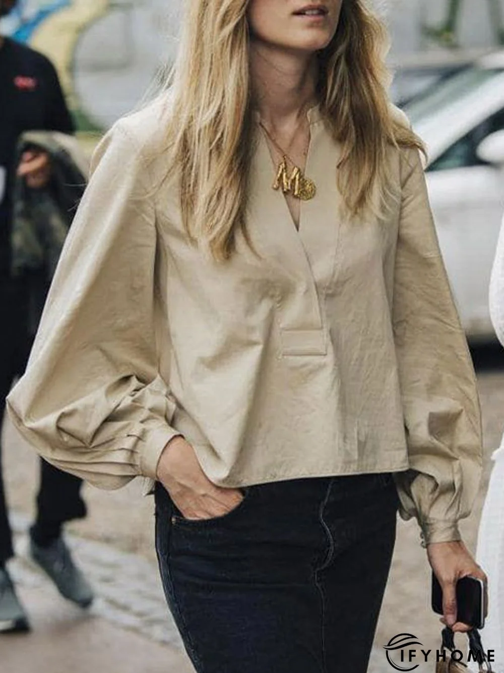 V Neck Cotton Shift Long Sleeve Blouse | IFYHOME
