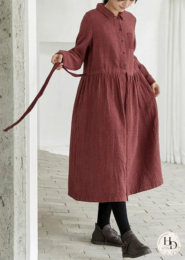 Italian Lapel Cinched Spring Dress Shirts Red Art Dresses