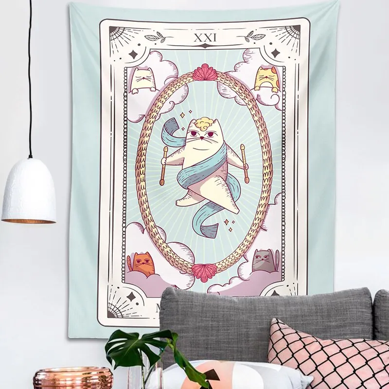 Cute Cat Tarot Tapestry Wall Hanging psychedelic decoration Witchy Boho sun moon Star Tapestries Living Room Kids Room Bedroom